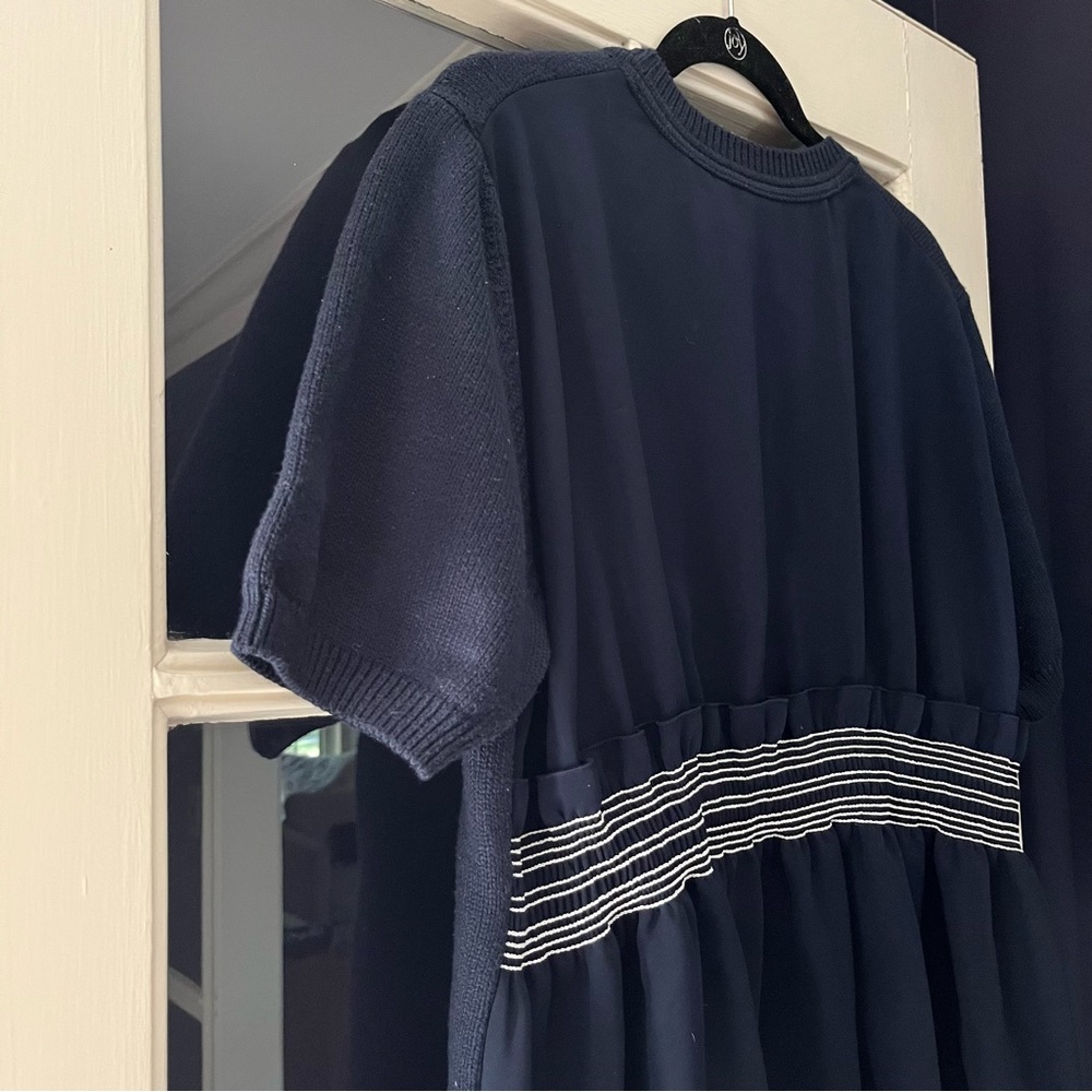 Adeam short sleeve navy blue smocked silk back sweater NWT